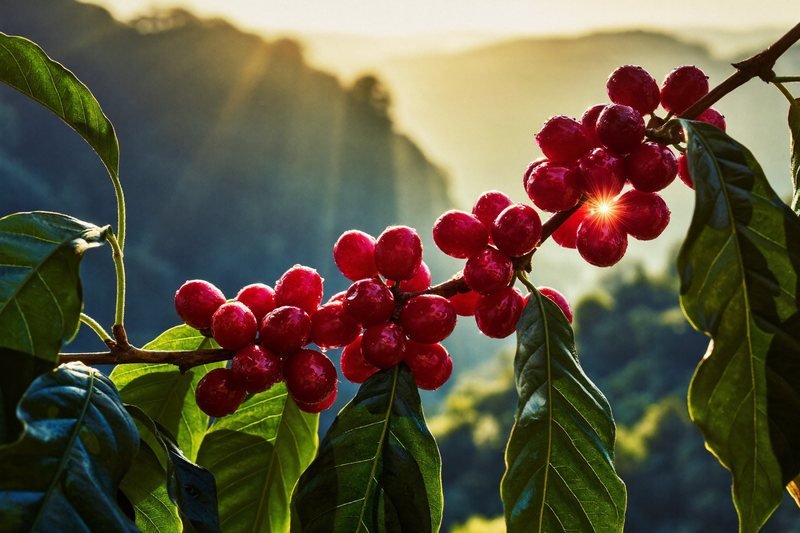 Ripe red coffee cherries on a branch above misty hills