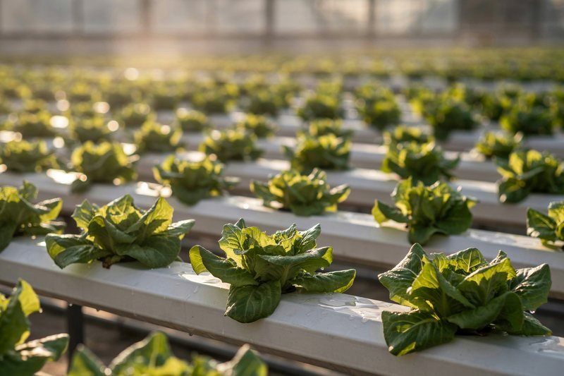 Rows of lettuce growing in hydroponic channels